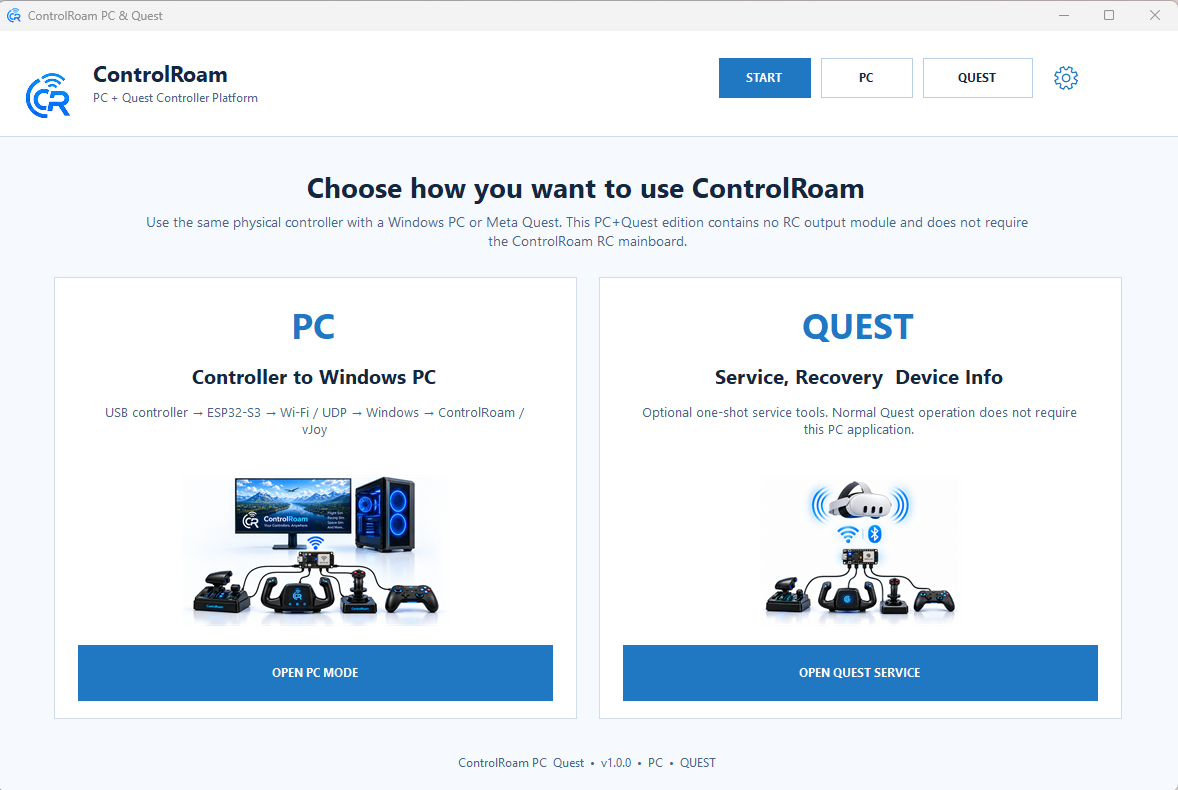ControlRoam Input Hub and ControlRoam PC start screen