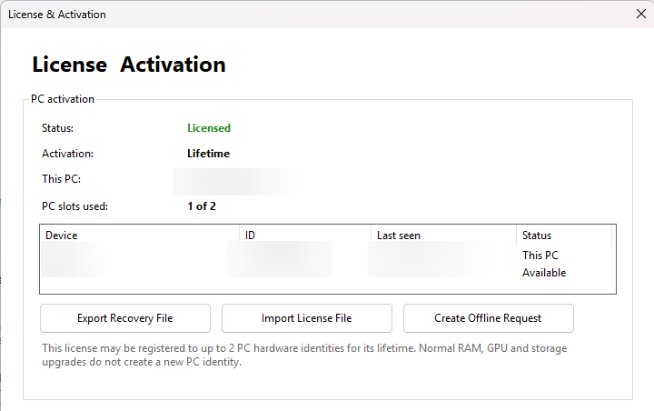 ControlRoam license activation screen with personal identifiers blurred