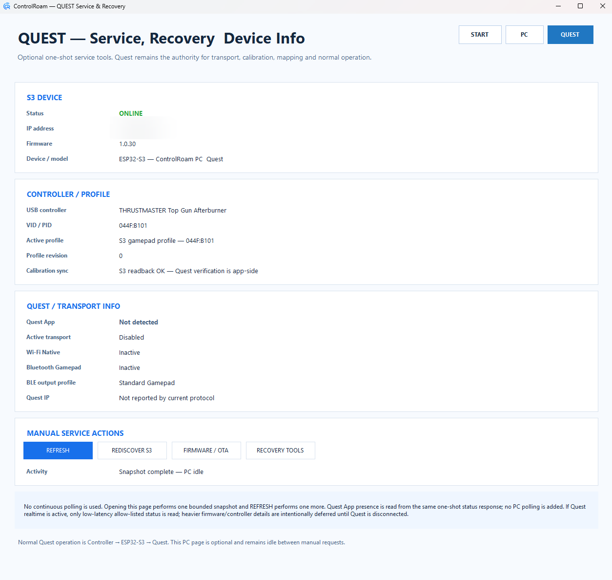 ControlRoam Input Hub Quest service and device information screen