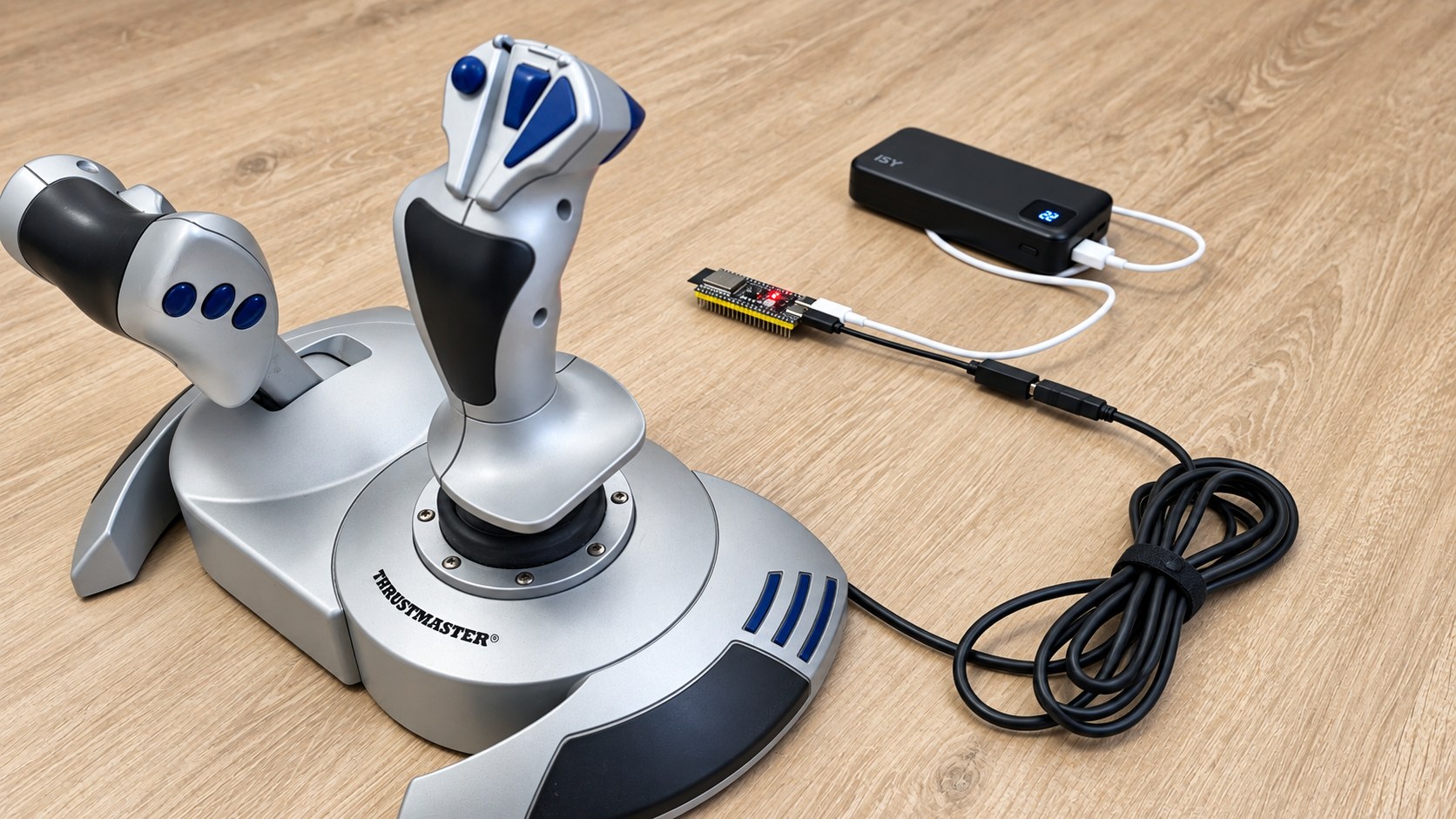 Real Thrustmaster joystick connected to ESP32-S3 ControlRoam setup