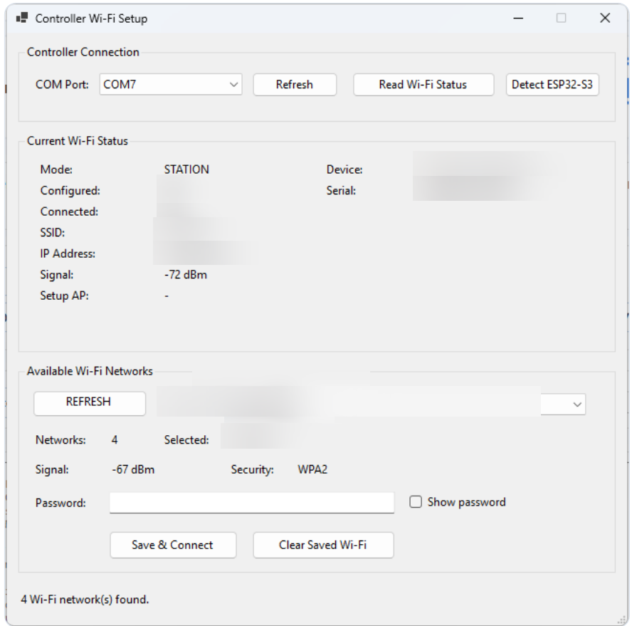 ControlRoam controller Wi-Fi setup window with private test data blurred